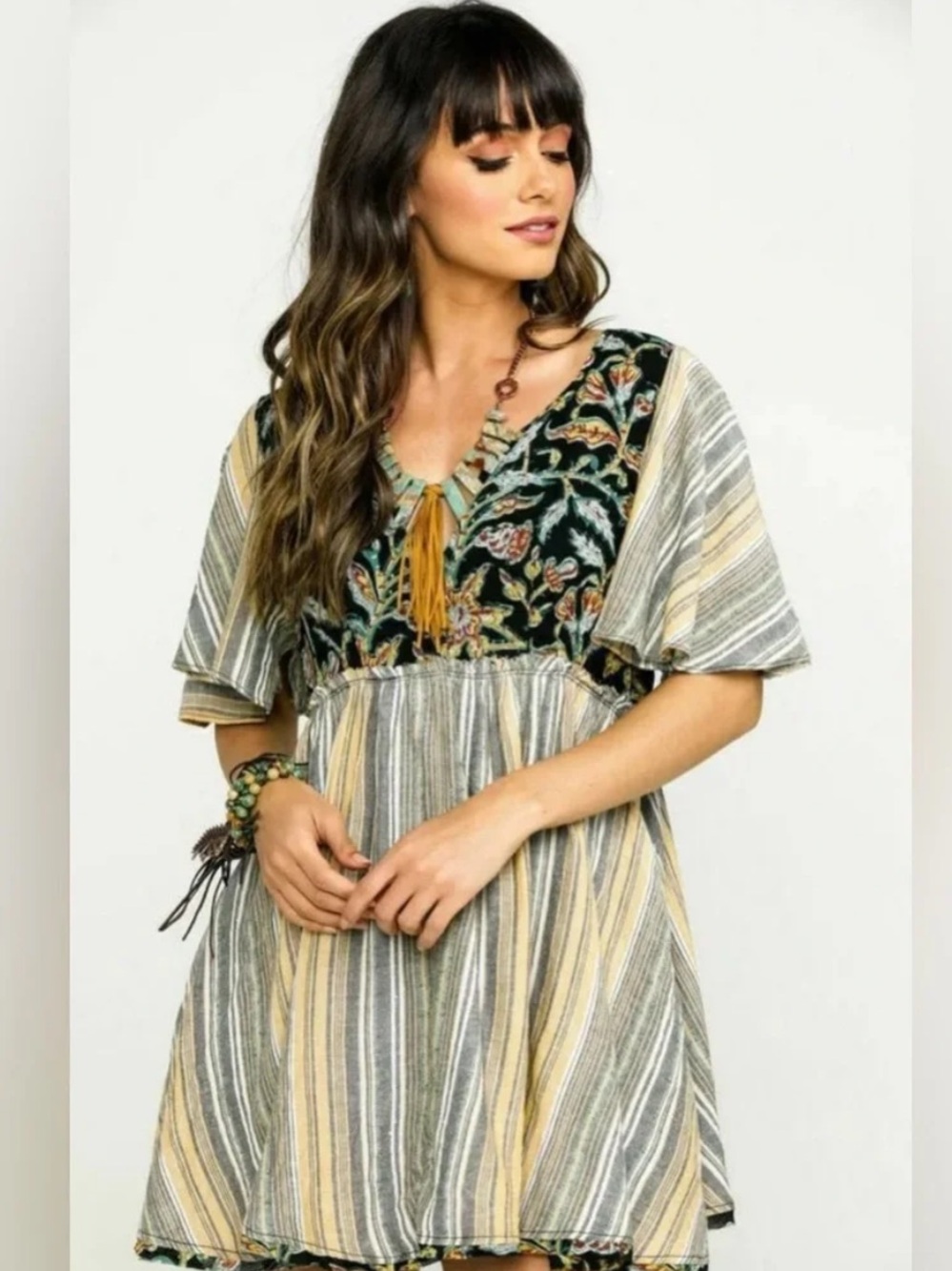 Free People Under the Sun Tunic Boho Hippie Striped with Constrast V-Neck
